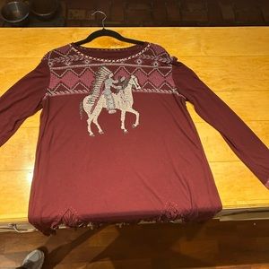 Maroon Long Sleeve Double D Top with Horse Design
